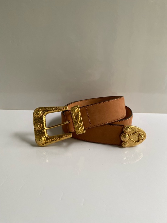 Accessories - Vintage ADOPPIA VITA Tan suede Leather Belt with Ornate Gold Buckle